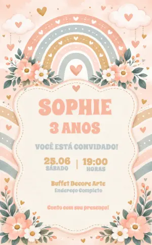 Convite de Aniversário Arco-Íris Boho Editável para Menina