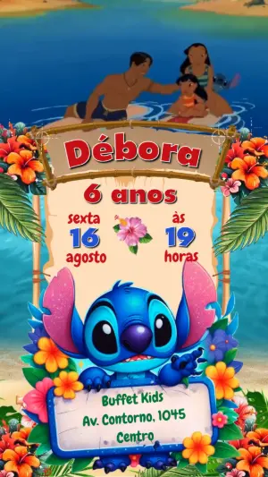 Convite Animado Aniversário Lilo e Stitch para Editar Online
