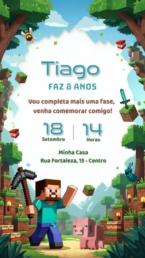 Convite de Aniversário Minecraft com Personagens para Editar