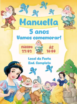 Convite de Aniversário Branca de Neve com Personagens para Editar
