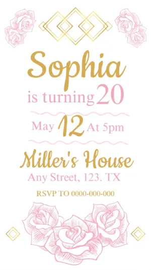 Elegant Pink and Gold Rose Birthday Invitation Template