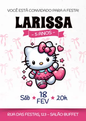 Convite de Aniversário Hello Kitty com Corações para Editar