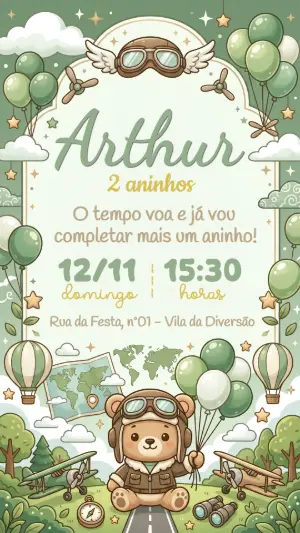 Convite de Aniversário Ursinho Aviador Fofo para Editar