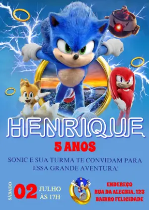 Convite de Aniversário Sonic e sua Turma para Editar Online