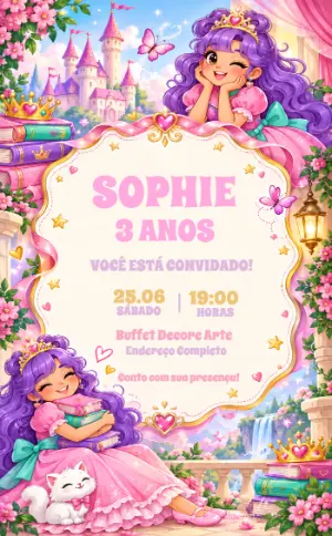 Convite Princesa Desastrada Editável para Aniversário Infantil