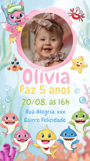 Convite Aniversário Baby Shark com Foto para Editar Online