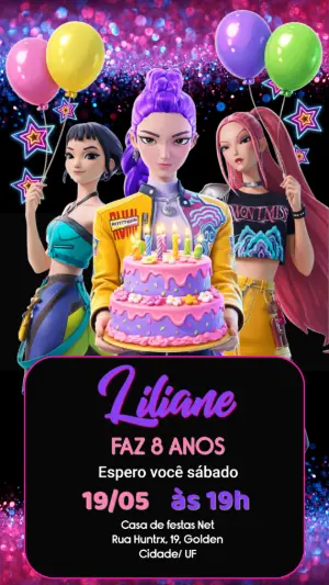 Invitation d'anniversaire KPop Demon Hunters – Statique – Gema Artes Digitais