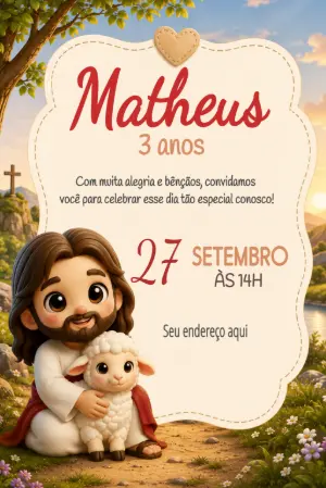 Convite de Aniversário Infantil Jesus e Cordeiro Editável
