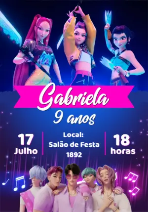 Convite Aniversário K-pop com Guerreiras para Editar Online