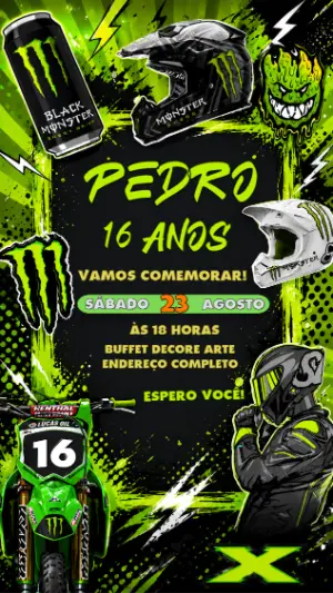 Convite de Aniversário Motocross Energético Monster