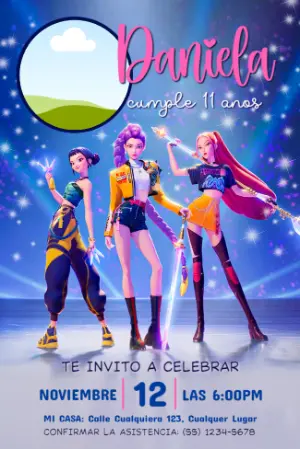 Invitación de Cumpleaños Las Guerreras K-Pop Modelo Editable