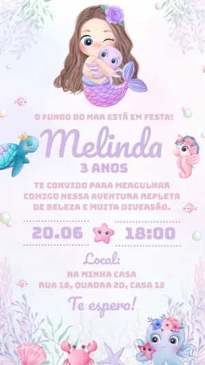 Convite de Aniversário Sereia Fofa Fundo do Mar para Editar