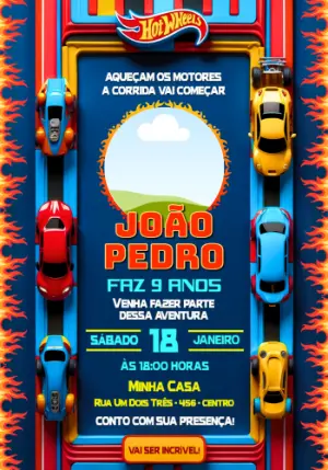 Convite de Aniversário Hot Wheels com Foto Modelo Editável