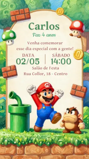 Convite de Aniversário Super Mario Ilustrado para Editar