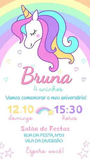 Convite de Aniversário Unicórnio Colorido para Editar
