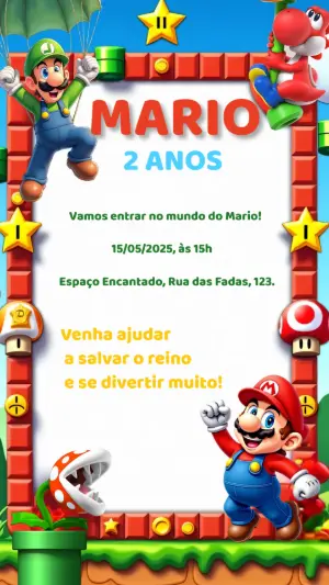 Convite Aniversário Super Mario Bros com Personagens para Editar