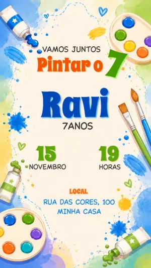 Convite de Aniversário Pintando o 7 Aquarela Modelo Editável