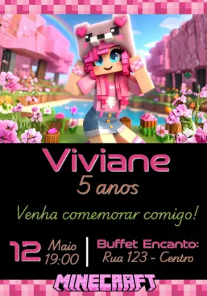 Convite Aniversário Minecraft Menina Rosa Editável
