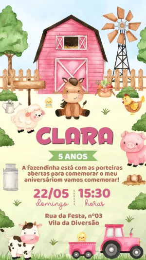 Convite de Aniversário Fazendinha Rosa Aquarela Editável