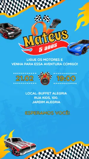 Convite de Aniversário Corrida de Carros Azul para Editar