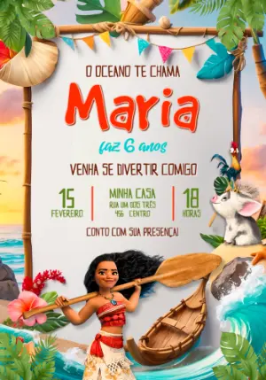 Convite Digital Moana para Aniversário Infantil Editável