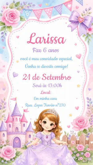 Convite Aniversário Princesa Aquarela Delicado para Editar
