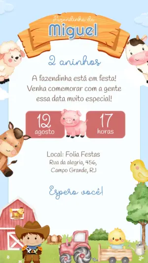 Convite de Aniversário Fazendinha com Animais para Editar Online