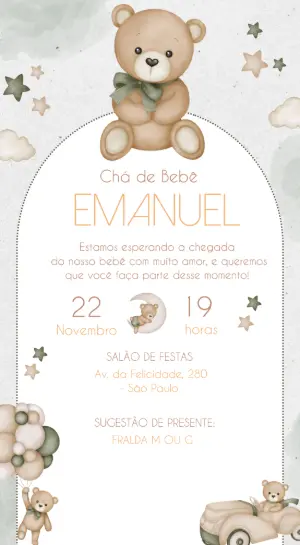 Convite Chá de Bebê Ursinho Baloeiro Editável Tons Neutros
