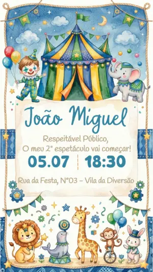 Convite de Aniversário Circo Aquarela Infantil para Editar