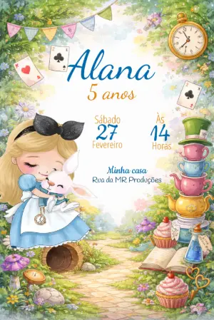 Convite de Aniversário Alice no País das Maravilhas Editável