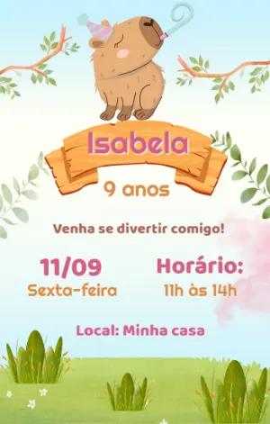 Convite de Aniversário Capivara Fofo para Editar Online