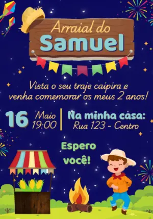 Convite de Aniversário Festa Junina Menino Caipira Editável
