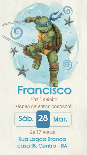 Convite de Aniversário Tartarugas Ninja Aquarela para Editar