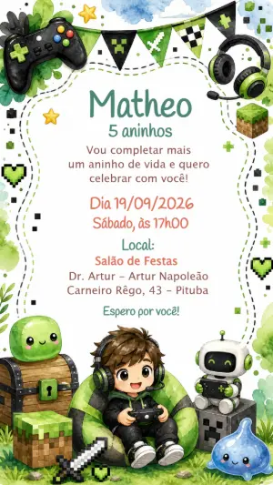 Convite de Aniversário Gamer Pixel Editável para Menino