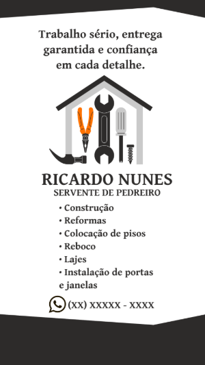 Cartão de Visita Servente de Pedreiro com Ferramentas para Editar
