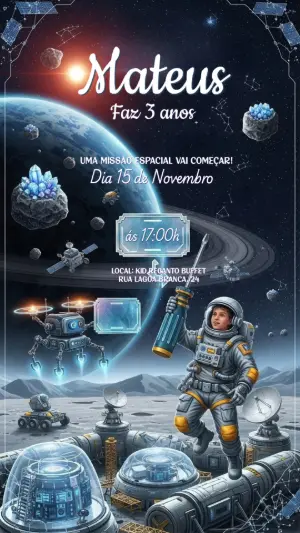 Convite de Aniversário Astronauta no Espaço para Editar Online