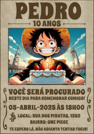 Convite Aniversário One Piece Estilo Procurado para Editar