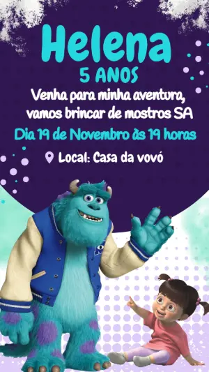 Convite de Aniversário Monstros SA Divertido para Editar