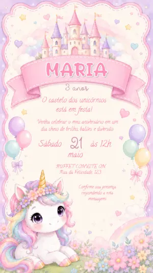 Convite de Aniversário Unicórnio Encantado para Editar