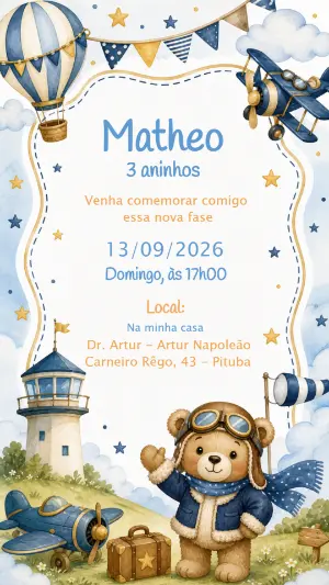 Convite de Aniversário Ursinho Aviador e Baloeiro Editável