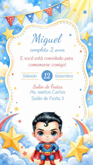 Convite de Aniversário Super-Homem Aquarela para Editar