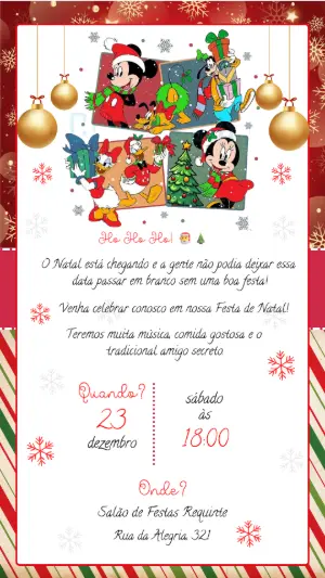 Convite de Natal Mickey e Turma Clássico para Editar Online