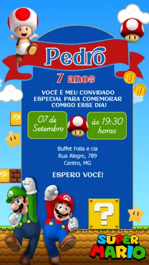 Convite Aniversário Super Mario Bros para Editar Online e Imprimir