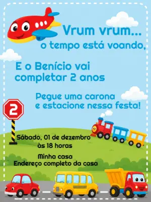Convite de Aniversário Infantil Meios de Transporte para Editar