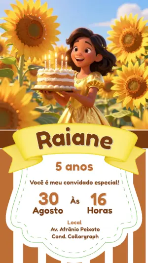 Convite Digital Aniversário Girassol e Menina para Editar