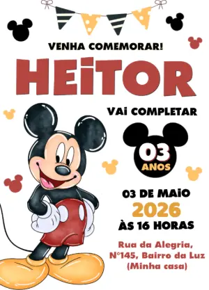 Convite de Aniversário Mickey Mouse Colorido para Editar