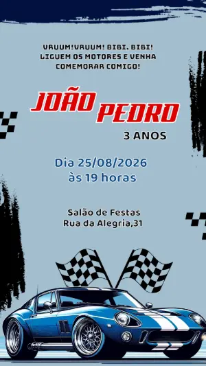 Convite de Aniversário Carro de Corrida Azul Editável