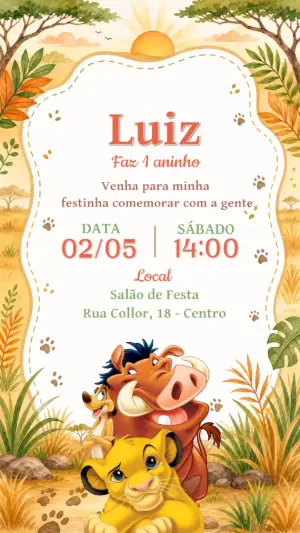 Convite de Aniversário O Rei Leão Aquarela para Editar
