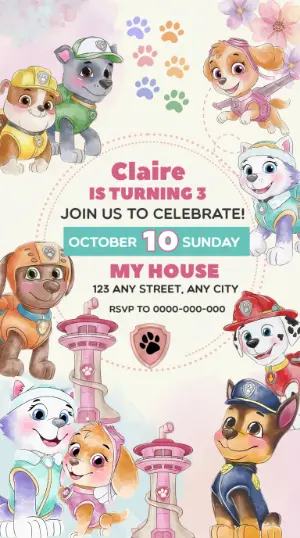Editable Paw Patrol Watercolor Birthday Invitation Template