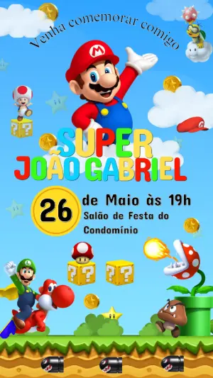 Convite de Aniversário Super Mario Editável para Enviar